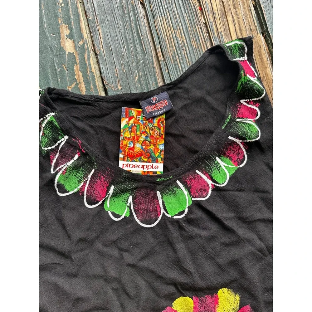 Pineapple Hand Painted Floral Rayon Sleeveless Top Black PK5181 Free Size NWT